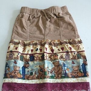 Boho Patchwork Teddy Print Midi Skirt in Tan and Multi